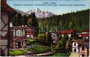 Tátrafüred, Ótátrafüred, Altschmecks, Stary Smokovec (Tátra, Magas-Tátra, Vysoké Tatry); Smokovec a Lomnicky stít / Tátrafüred és a Lomnici-csúcs. Földes Samu kiadása / Schmecks und die Lomnitzer Spitze