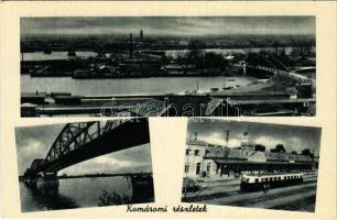 Komárom, Komárno; Duna részlet, híd, Vasútállomás, vonat / Danube bridge, railway station, train