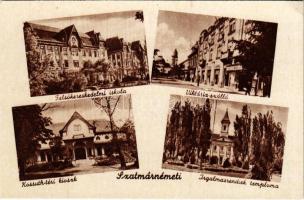 Szatmárnémeti, Szatmár, Satu Mare; Felső kereskedelmi iskola, Viktória szálloda, Kossuth téri kioszk, Irgalmas-rendiek temploma / school, hotel, kiosk, church (EK)