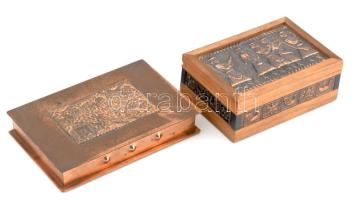 2 darab iparművész doboz, fa és réz, kopásokkal, jelzés nélkül, 14x10x5,5 cm és 17x11x3 cm