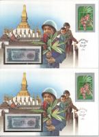 Laosz 1979-1988. 1K felbélyegzett borítékban, bélyegzéssel (5x) T:UNC  Laos 1979-1988. 1 Kip in envelope with stamp and cancellation (5x) C:UNC