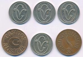 Vegyes: DN "Várkert Casino" fém kaszinó zseton (4x) + Ausztria DN Cu kaszinó zseton (2x) T...