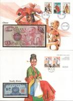 Vegyes 7db-os bankjegyes boríték tétel, mind különféle, közte: Zambia, Hongkong, Ghána, Dél-Korea, U...