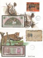 Vegyes 7db-os bankjegyes boríték tétel, mind különféle, közte: Zambia, Hongkong, Ghána, Dél-Korea, U...