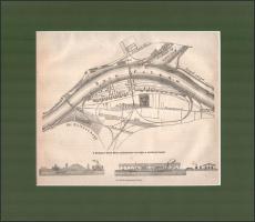 cca 1880 A budapest közti Duna szabályozás terajza a soroksári ággal. fametszet. Paszpartuban 24x21 cm