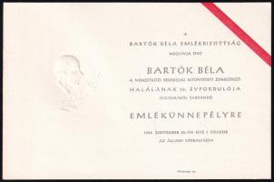 1955 Meghívó Bartók Béla halálának 10. évfordulója alkalmából tartandó emlékünnepélyre, Bartók Béla dombornyomott arcképével, hátoldalán sorszámmal, 14,5x9,5 cm