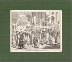 cca 1860 Szabadságolt katonák és honvédek behívása. Fametszet. Paszpartuban 23x20 cm Foltos