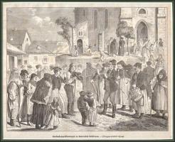 cca 1860 Szabadságolt katonák és honvédek behívása. Fametszet. Paszpartuban 23x20 cm Foltos