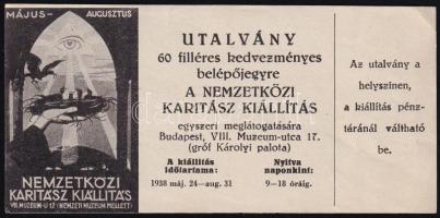 1938 Bp., utalvány 60 filléres kedvezményes belépőjegyre a Nemzetközi Karitász Kiállításra, 12x6 cm