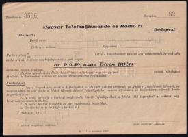 1941 Bp., Magyar Telefonhírmondó és Rádió Rt. telefonhírmondó-berendezés bérleti lap, hátoldalán reklámokkal, 21x15 cm