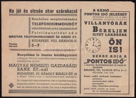 1941 Bp., Magyar Telefonhírmondó és Rádió Rt. telefonhírmondó-berendezés bérleti lap, hátoldalán rek...