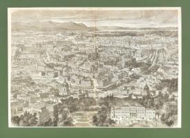cca 1860 Bécs látképe. Nagy méretű fametszet. Paszpartuban / Woodplate view of Vienna. Large in paspatru 50x35 cm