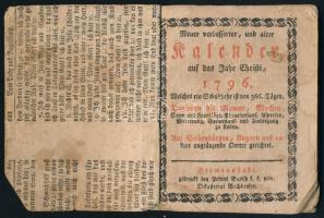 1796 Neuer verbesserter und alter Kalender auf das Jahr Christi 1796. [...] Auf Siebenbürgen, Ungarn und andere angrenzende Derter gerichtet. Hermannstadt (Nagyszeben / Sibiu), Petrus Barth. Német nyelvű zsebnaptár, korabeli, kissé viseltes papírkötésben, 10,5x8,5 cm