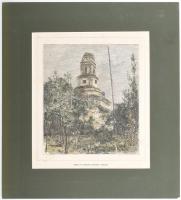 cca 1860 Hátszeg, Demsusi templom. Színezett fametszet, paszpartuban / Hatseg colored woodplate 18x21 cm