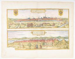 Buda és Bécs látképe közös lapon. (Felül): Vienna Austriae Metropolis, ... + (Alul): Buda vulgo Ofen... Megjelent: Braun, G. - Hogenberg, F.: Civitates orbis terrarum. Köln, 1572, Színezett rézmetszet, hátlapján egyhasábos latin nyelvű szöveggel, 470x310 mm.