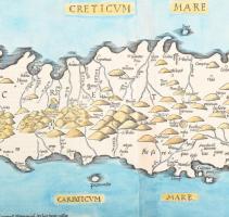 Tabula noua Candiae - Kréta szigetének későbbi színezésű rézmetszetű térképe. Fries, Lorenz / Ptolem...