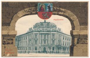 Szabadka, Subotica; Főgimnázium. Heumann Mór kiadása, szecessziós címeres litho keret / school. Art Nouveau, coat of arms, litho (EK)