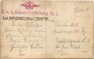 WWI Austro-Hungarian K.u.K. military, group of soldiers. photo + "K.u.K. Lokomotivfeldbahn Nr. ...