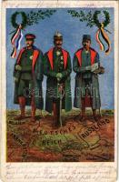 1916 WWI German and Austro-Hungarian K.u.K. military art postcard, Viribus Unitis propaganda with Wilhelm II, Hindenburg and Hötzendorf, map (kis szakadás / small tear)