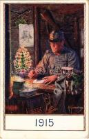 Weihnachten 1915 / WWI Austro-Hungarian K.u.K. military art postcard with Christmas greeting, Franz Joseph I of Austria portrait s: Kuderna + K.K. Landst. Positionsbatterie Nr. 25. (Rb)