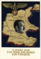 1938 März 13. Ein Volk, ein Reich, ein Führer! / Adolf Hitler, NSDAP German Nazi Party propaganda, map, swastika. 6 Ga. s: Professor Richard Klein + "Tag des Großdeutschen-Reichs Wien 9. April 1938" So. Stpl.