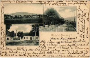 1902 Pomáz, Községház tér, vasútállomás, vonat. T.J. kiadása (ázott / wet damage)