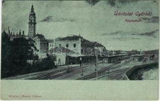 Győr, pályaudvar, vasútállomás este. Beretz Viktor kiadása