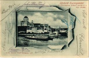 1901 Esztergom, Vártemplom, Prímási palota, hajóállomás. Kardos Dezső kiadása, Art Nouveau (EK)