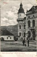 1914 Rózsahegy, Ruzomberok; Városháza, háttérben a Likava várrom, Pribes Pál üzlete. Feitzinger Ede No. 880Brs. 1905. / Stadthaus geg. die Ruine Likavka / town hall, castle ruins in the background, shop (kopott sarkak / worn corners)