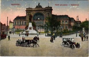 1916 Budapest VII. Keleti pályaudvar, vasútállomás, Baross szobor, villamos, lovaskocsi, automobil (EK)