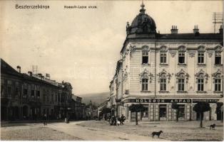 1913 Besztercebánya, Banská Bystrica; Kossuth Lajos utca, Holesch Árpád, Keppich Ernestin utóda üzlete, gyógyszertár, dohánytőzsde, cukrászat. Machold F. kiadása / street view, shops, pharmacy, confectionery