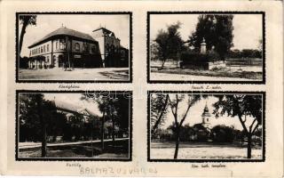 1943 Balmazújváros, Községháza, Kossuth Lajos szobor, Gróf Semsey kastély, Római katolikus templom, Hangya szövetkezet üzlete és saját kiadása (kis szakadás / small tear)