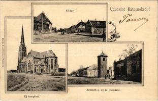 1903 Bátaszék, Fő tér, üzlet, Új templom, Kossuth utca az új iskolával, Tűzoltószertár, tűzoltótorony. Szaniel János kiadása