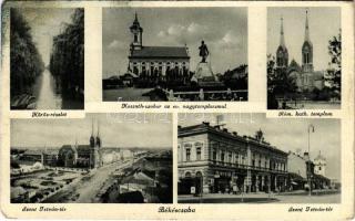 1942 Békéscsaba, Körös részlet, Kossuth szobor, Evangélikus templom, Római katolikus templom, Szent István tér, üzletek (EB)