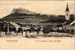 1910 Szepesváralja, Spisské Podhradie; Tér és templom, vár. Sax Nándor kiadása / Platz und Kirche / square, church, castle