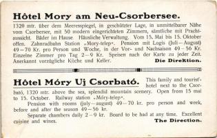 Tátra, Magas-Tátra, Vysoké Tatry; Móry szálló Újcsorbán / Nové Strbské Pleso / hotel advertisement c...
