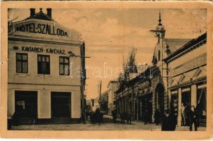 1938 Komárom, Komárno; Zupná ulica / Megye utca, szálloda és kávéház, Kincs Mór fia, Stern üzlete / Komitatgasse / street view, hotel and café, shops + 1938 Komárom visszatért So. Stpl. (lyuk / pinhole)