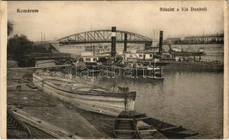 Komárom, Komárno; részlet a Kis Dunáról, gőzhajó, kikötő, híd. Spitzer Sándor kiadása / Danube riverside, steamship, port, bridge - képeslapfüzetből / from postcard booklet (kis szakadás / small tear)