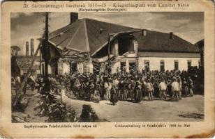 1917 Felsővízköz, Felső-Szvidnyik, Vysny Svídnik, Svídnik; Sárosvármegyei harcterek 1914-15. Segélykiosztás a téren, épületromok / Geldausteilung, Kriegschauplatz vom Comitat Sáros / WWI K.u.k. military aid distribution, ruins (EM)