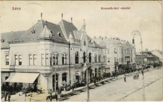 1913 Léva, Levice; Kossuth tér, Lang Központi kávéháza, Kovács Sándor üzlete. Nyitrai és Társa kiadása / square, shops, café (fl)