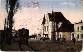 1938 Kassa, Kosice; Nádrazí / Pályaudvar, villamos / Bahnhof / railway station, tram + "1938 Kassa visszatért" So. Stpl. (EB)