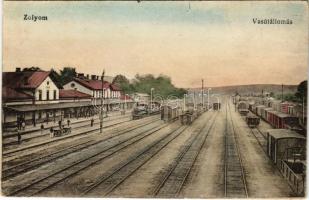 Zólyom, Zvolen; vasútállomás, vonat, gőzmozdony. Vasúti levelezőlapárusítás 351. / railway station, locomotive, train (EK)