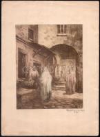 Bárkányi Pál (?-?): Közel-keleti utcakép, 1933. Színezett rézkarc, papír, jelzett, 21,5x17 cm