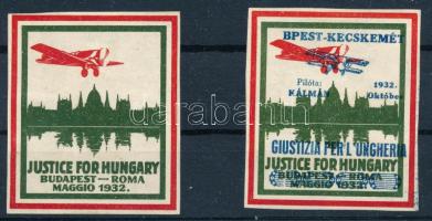 Justice for Hungary óceánrepülés levélzáró 2 db, egyik Kecskeméti repülőnap felülnyomással
