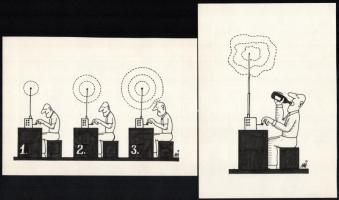 Mező István (1951-) Rádiózás 4 db karikatúra 21x15 cm. Tus, papír. + egy kísérő kézirat