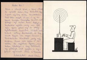 Mező István (1951-) Rádiózás 4 db karikatúra 21x15 cm. Tus, papír. + egy kísérő kézirat