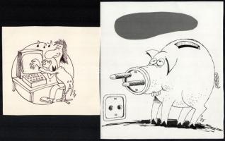 Izsák Jenő (1953-) Elektronika 4 db karikatúra. Tus, papír. 15x22 cm-ig