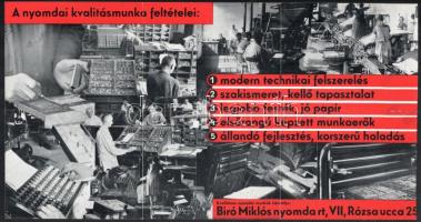 cca 1930 Biró Miklós Nyomdai Műintézet Rt. kihajtható, képes reklámlapja, középen hajtásnyommal, kih...