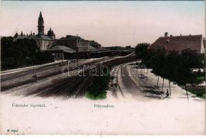Győr, pályaudvar, vasútállomás, vágányok, gőzmozdony, vonat. Berecz Viktor kiadása (EB)
