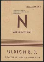 1944 Ulrich B. J. "N" árjegyzék, 1944. január 1. (gáz- és vízvezetékek, csövek, fürdőszoba- és konyhafelszerelés, stb.), 16 p.